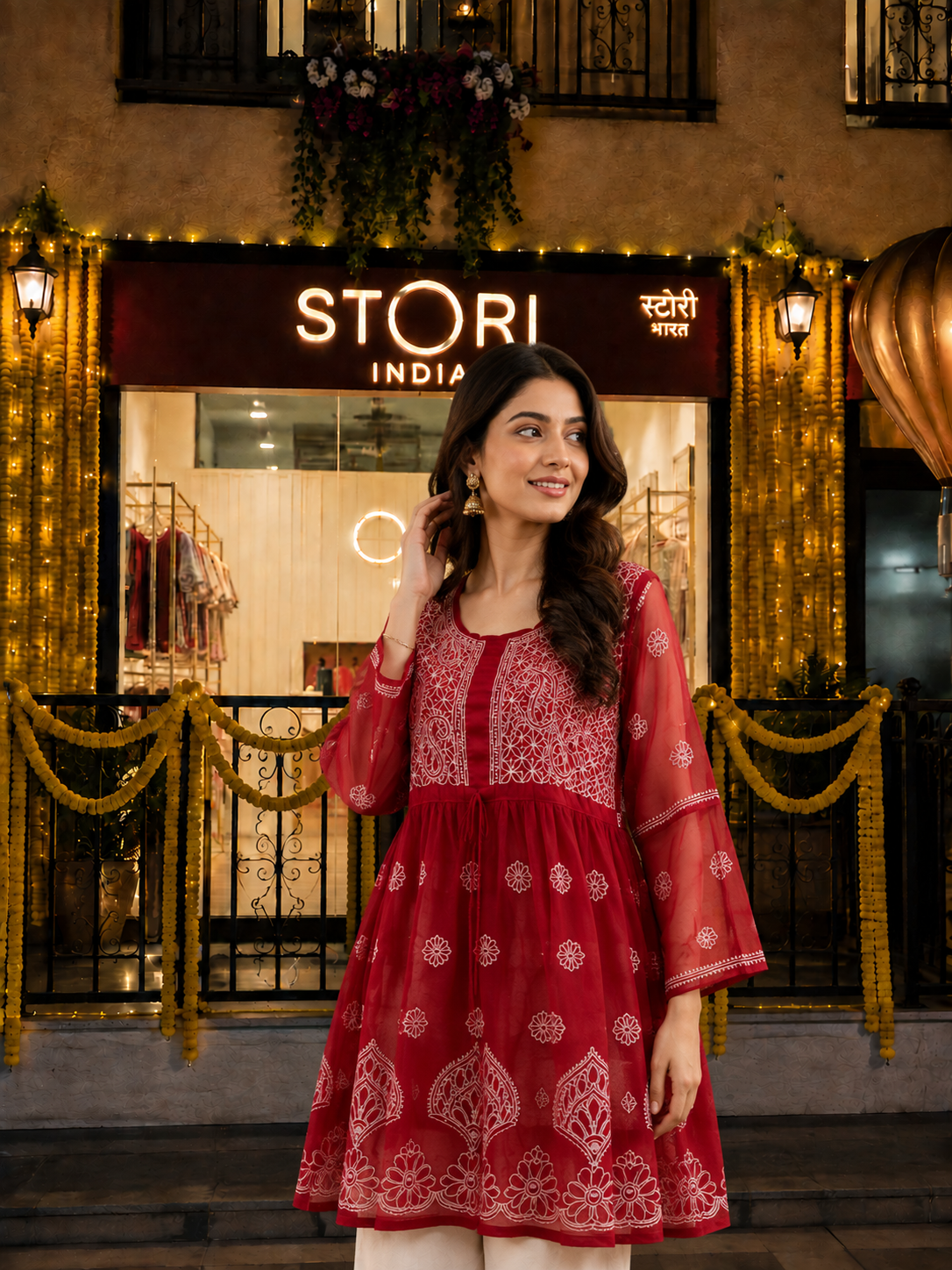 Red Angarkha Short Georgette Chikankari Kurti
