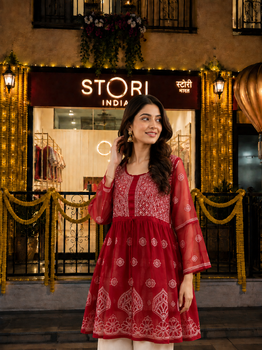 Red Angarkha Short Georgette Chikankari Kurti