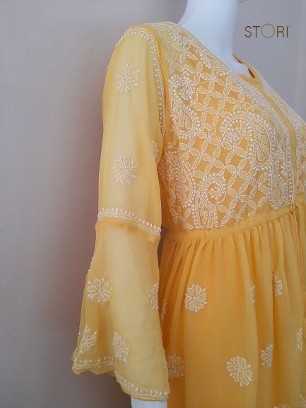 Adila Yellow Short Georgette Chikankari Kurti With Bell Sleeves