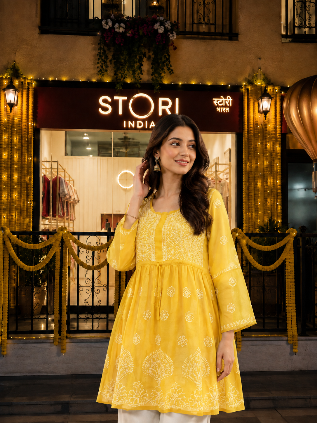 Adila Yellow Short Georgette Chikankari Kurti With Bell Sleeves