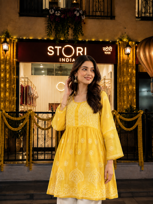 Adila Yellow Short Georgette Chikankari Kurti With Bell Sleeves