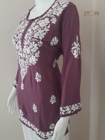 Aiza Mauve Soft Modal Handcrafted Short Chikankari Kurti