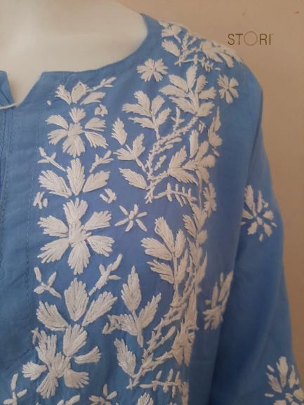 Aiza Powder Blue Soft Modal Handcrafted Short Chikankari Kurti