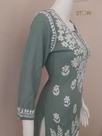 Aiza Ramagreen Soft Modal Handcrafted Short Chikankari Kurti