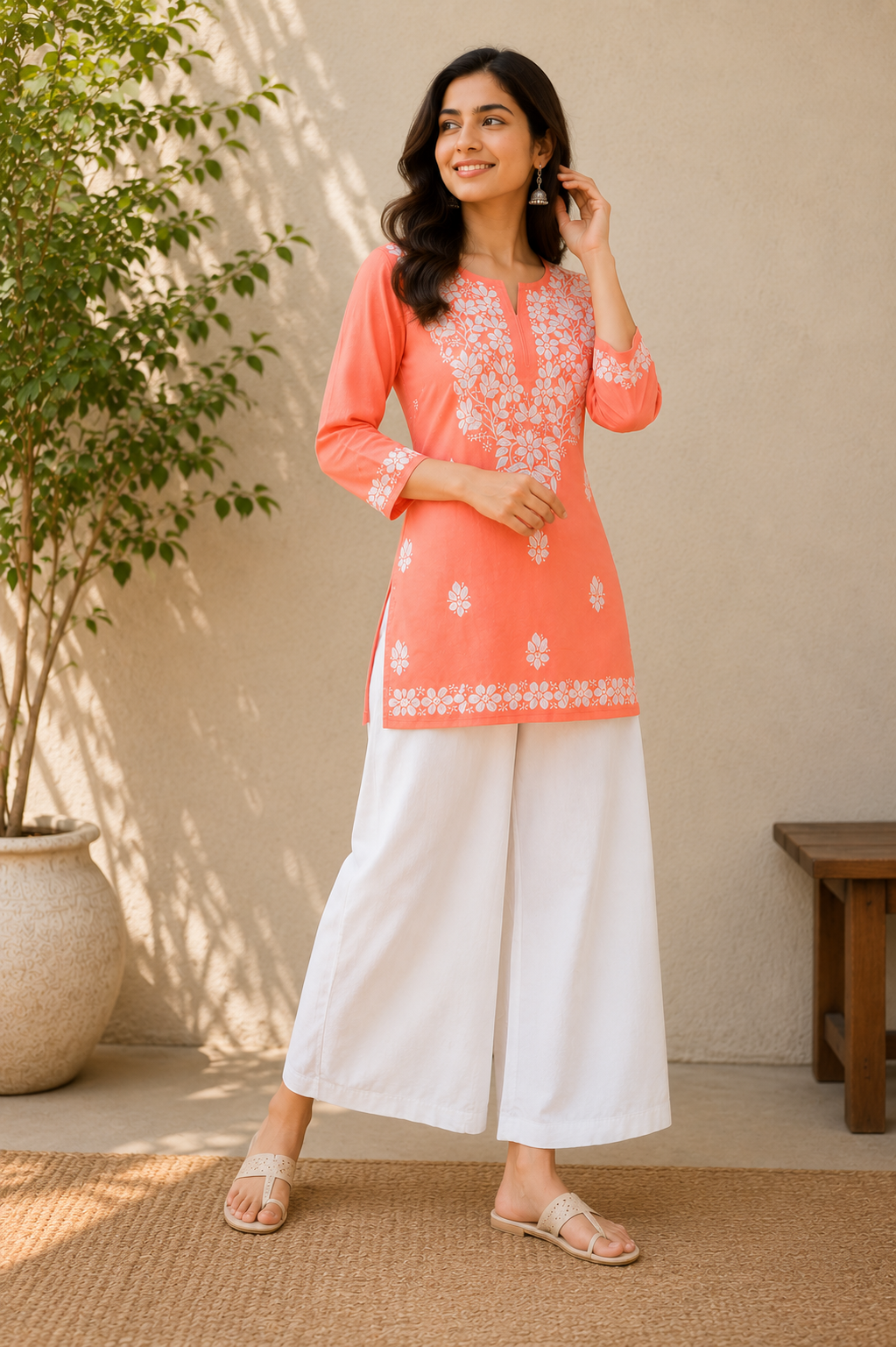 STORI Chikankari Peach Kurti for Women