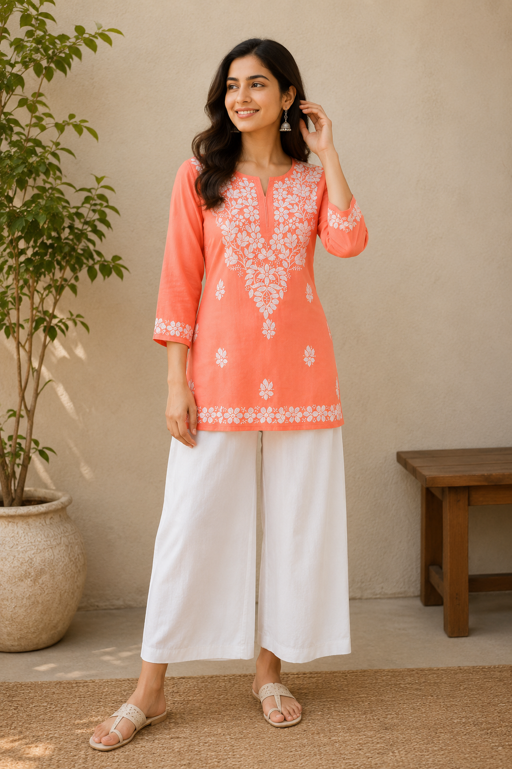 STORI Chikankari Peach Kurti for Women