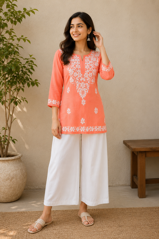 STORI Chikankari Peach Kurti for Women