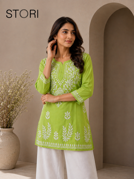 Aiza Parrot Green Soft Modal Handcrafted Short Chikankari Kurti