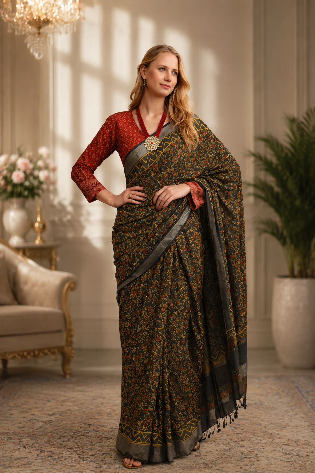 Ajrakha print green and grey saree