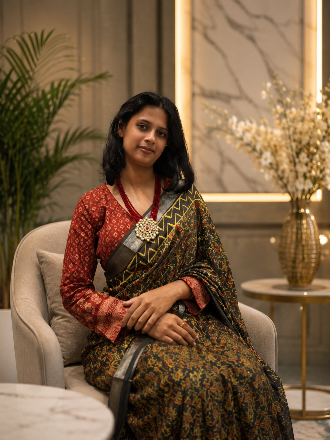 Ajrakha print green and grey saree1