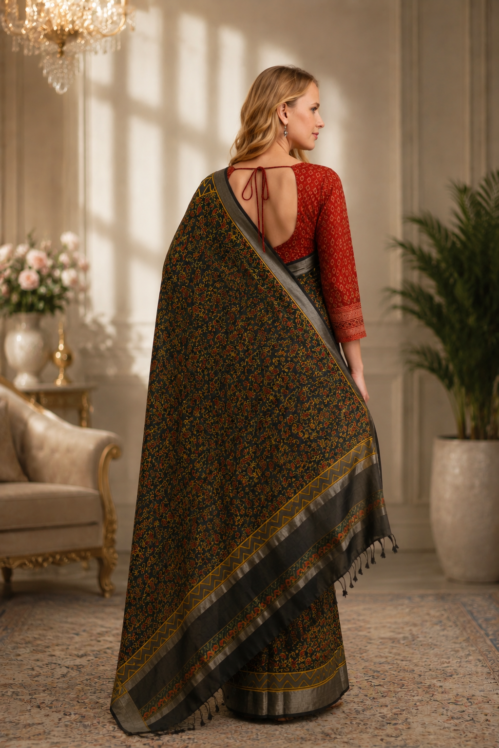 Ajrakha print green and grey saree2