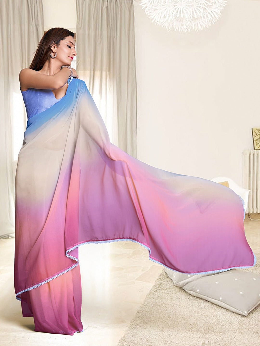 Pastel Hues Color Block Soft Chiffon Designer Saree