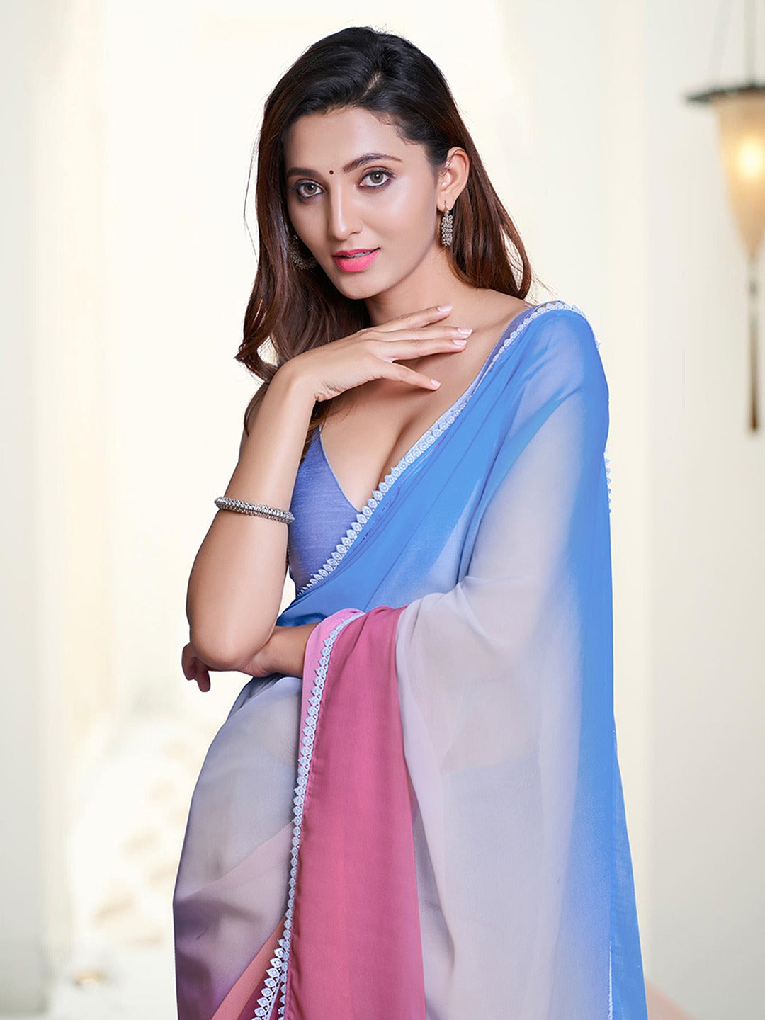Pastel Hues Color Block Soft Chiffon Designer Saree