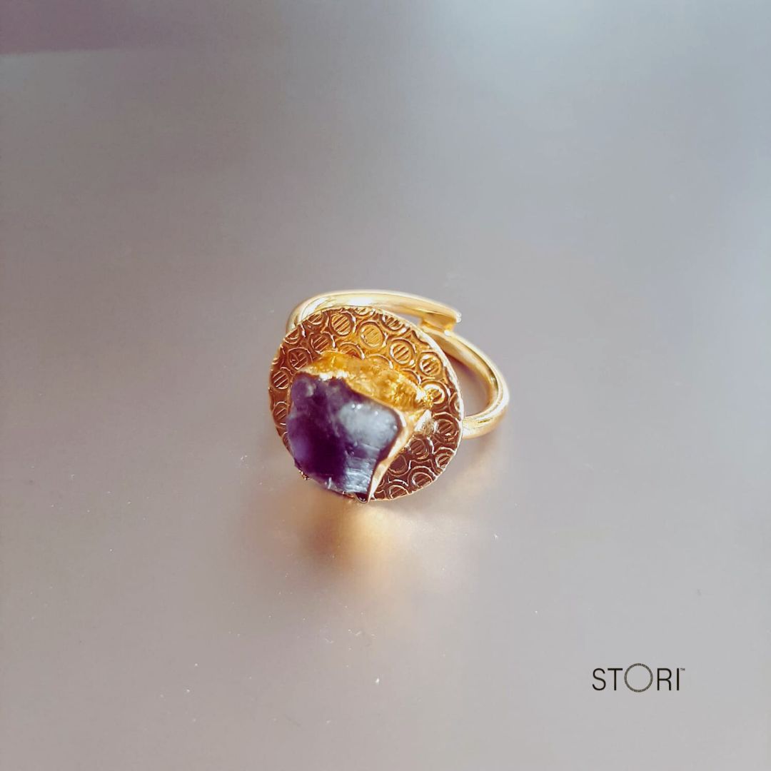 Amethyst Raw Stone Textured Disc Finger Ring