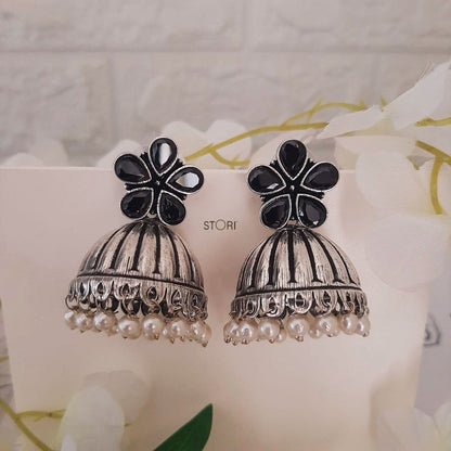 Athira Stone Studded Oxidised Jhumka Earrings
