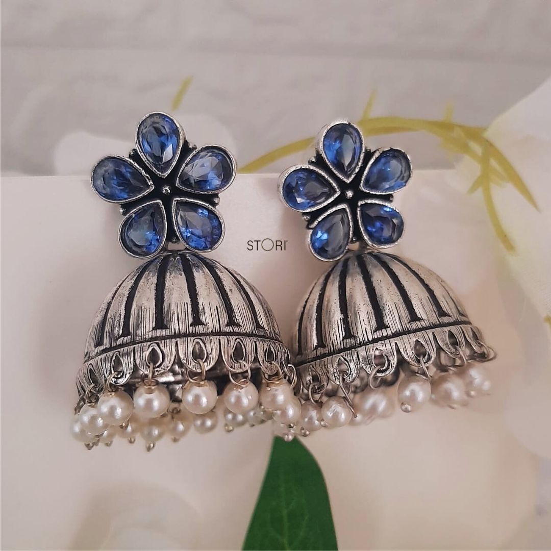 Athira Stone Studded Oxidised Jhumka Earrings