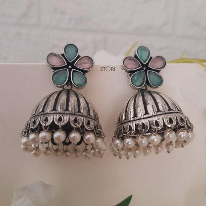 Athira Stone Studded Oxidised Jhumka Earrings