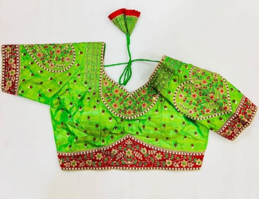 Parrot Green Heart-On-Sleeves Heavy Embroidered Bridal Blouse