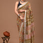 Handblock Printed Ajrakh Beige Linen Saree