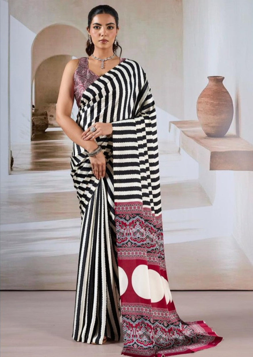 Black & White Ajrakh Modal Satin Silk