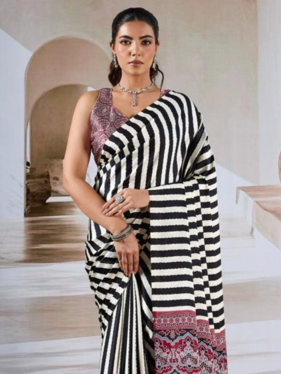 Black & White Ajrakh Modal Satin Silk