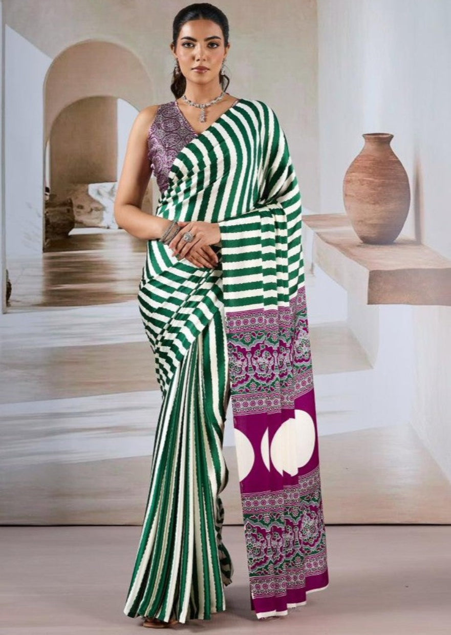 Green & White Ajrakh Modal Satin Silk