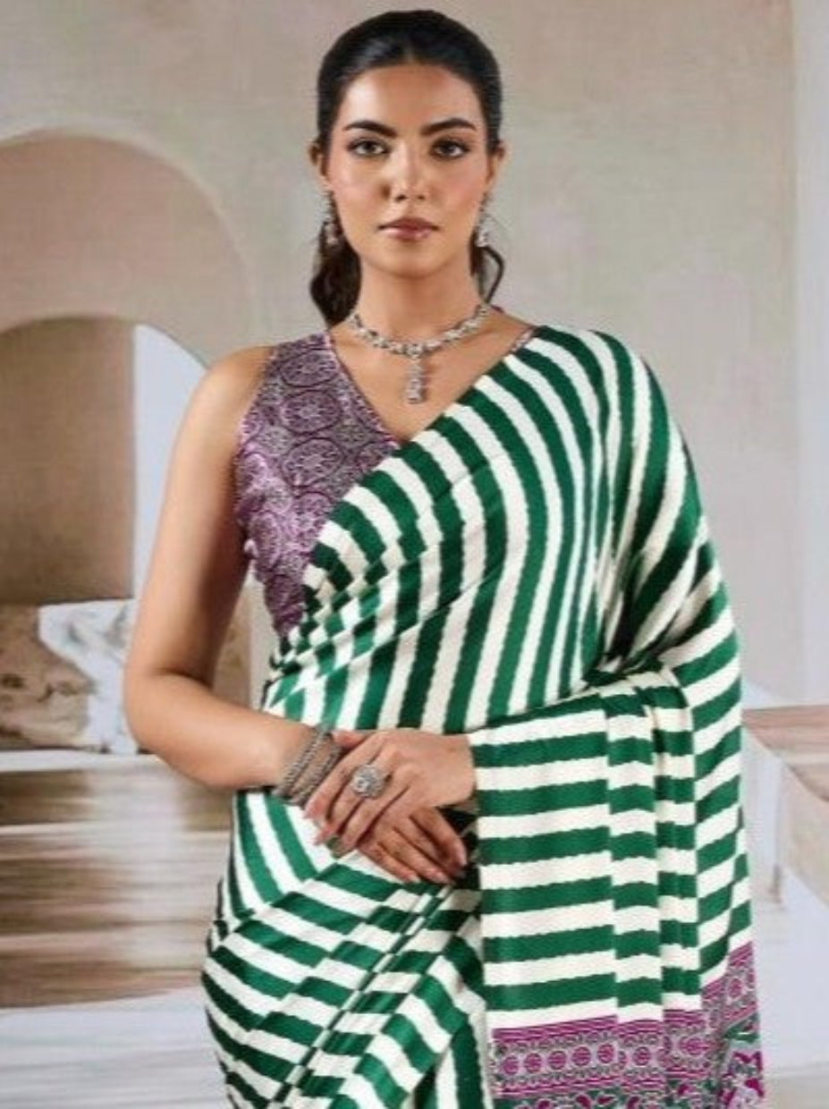 Green & White Ajrakh Modal Satin Silk