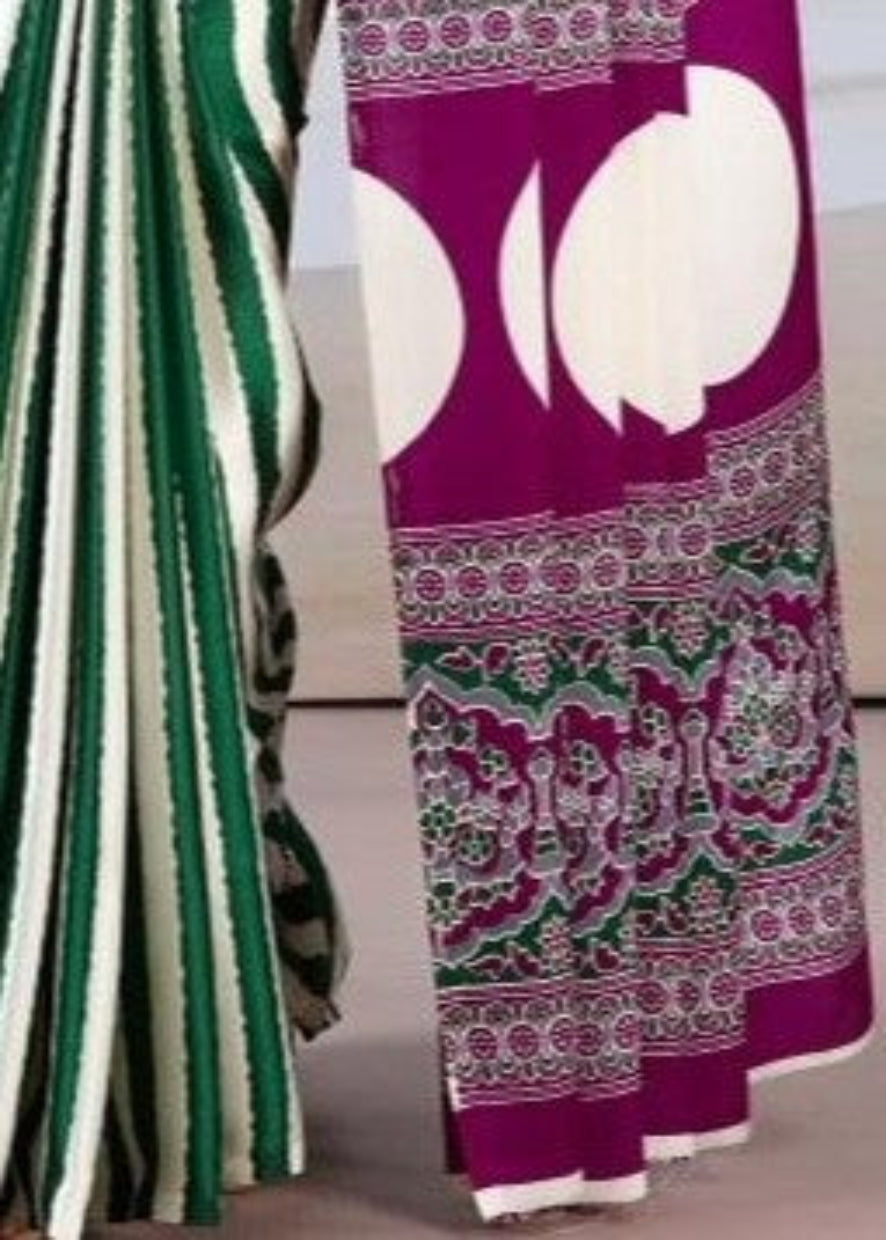 Green & White Ajrakh Modal Satin Silk
