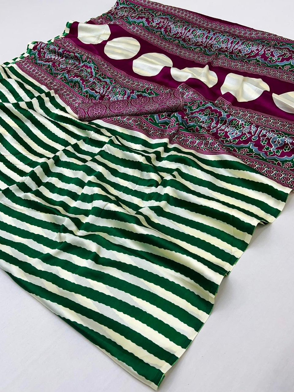 Green & White Ajrakh Modal Satin Silk