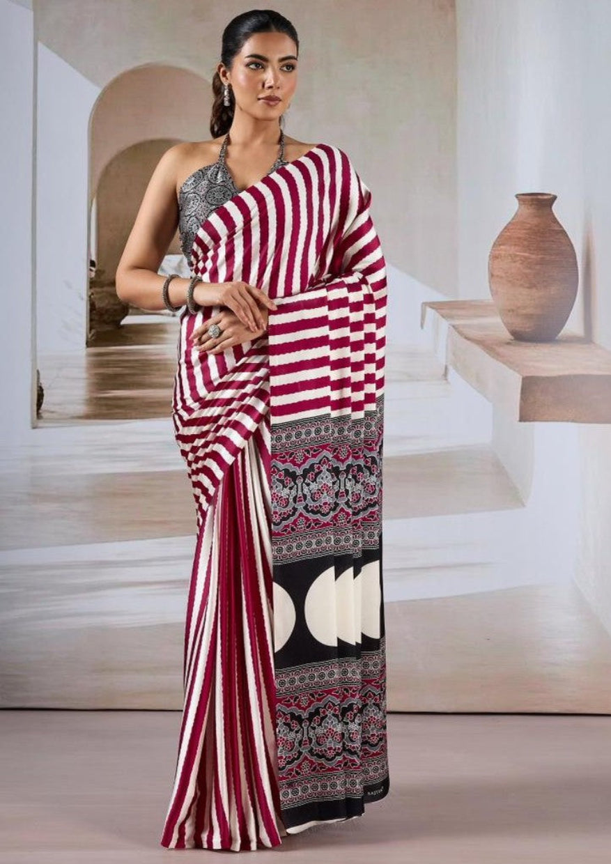 Maroon & White Ajrakh Modal Satin Silk