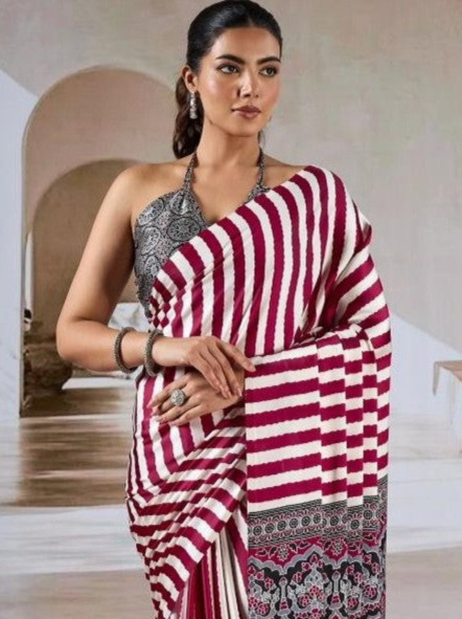 Maroon & White Ajrakh Modal Satin Silk