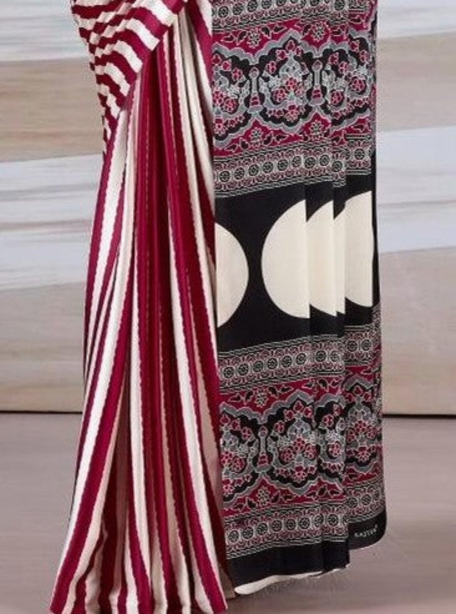 Maroon & White Ajrakh Modal Satin Silk