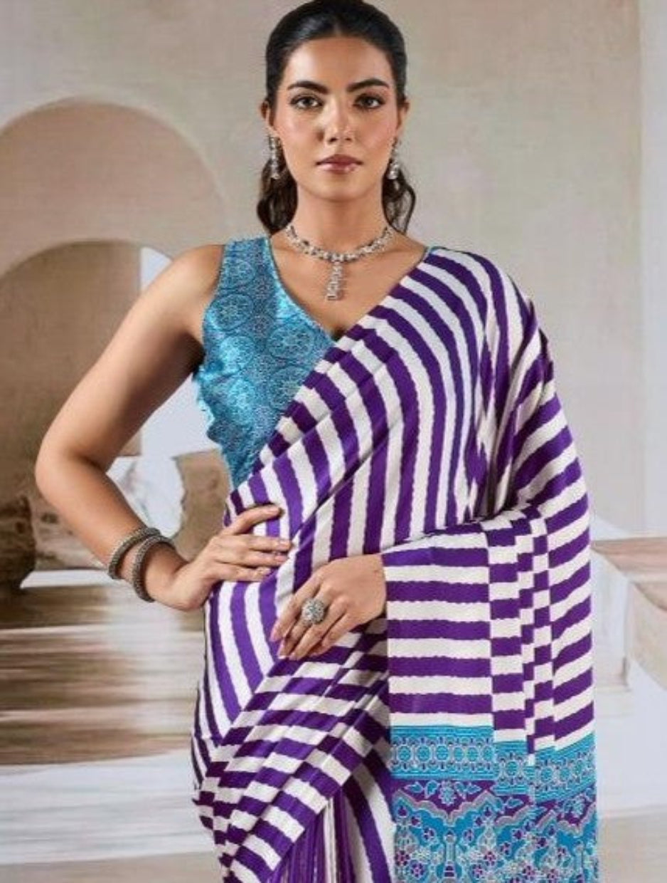 Purple & White Ajrakh Modal Satin Silk