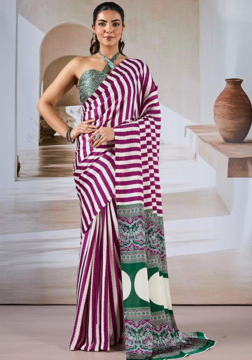Purple & White Ajrakh Modal Satin Silk