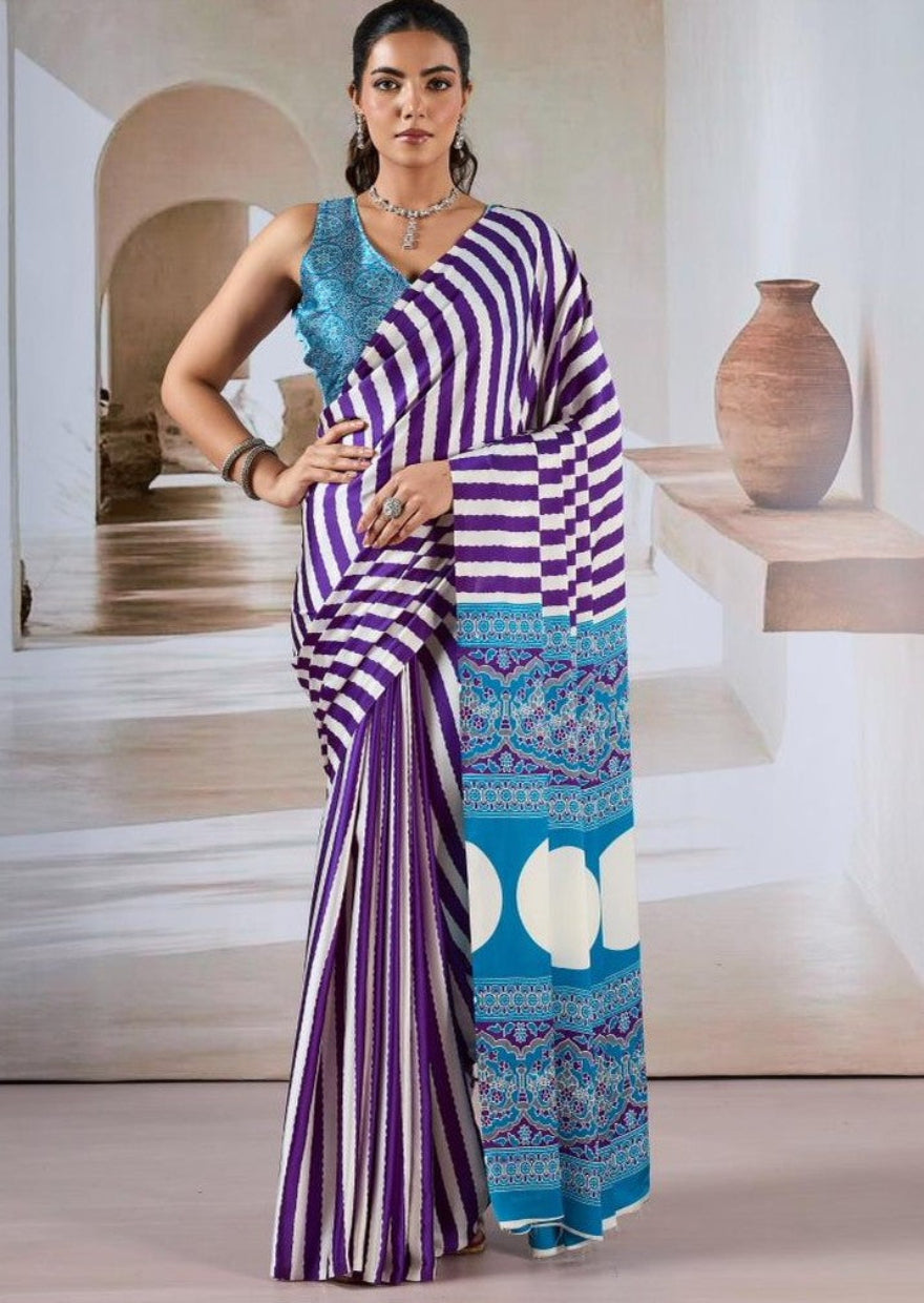 Purple & White Ajrakh Modal Satin Silk