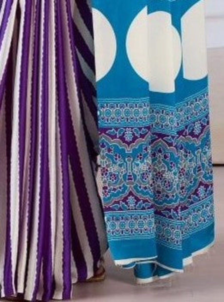 Purple & White Ajrakh Modal Satin Silk