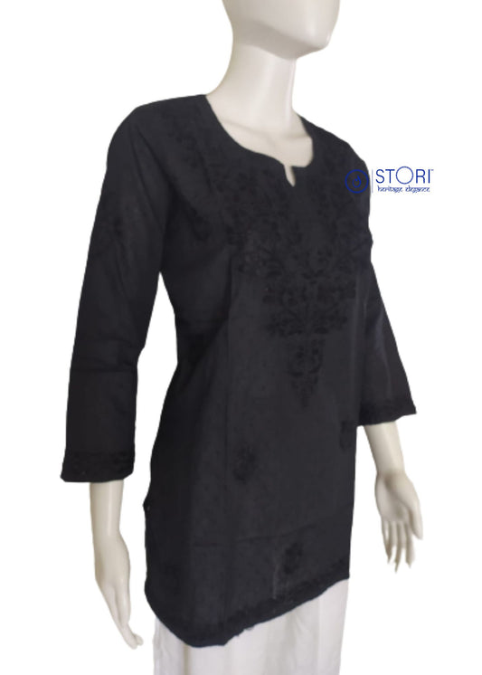 Black Dobby Cotton Short Chikankari Kurti