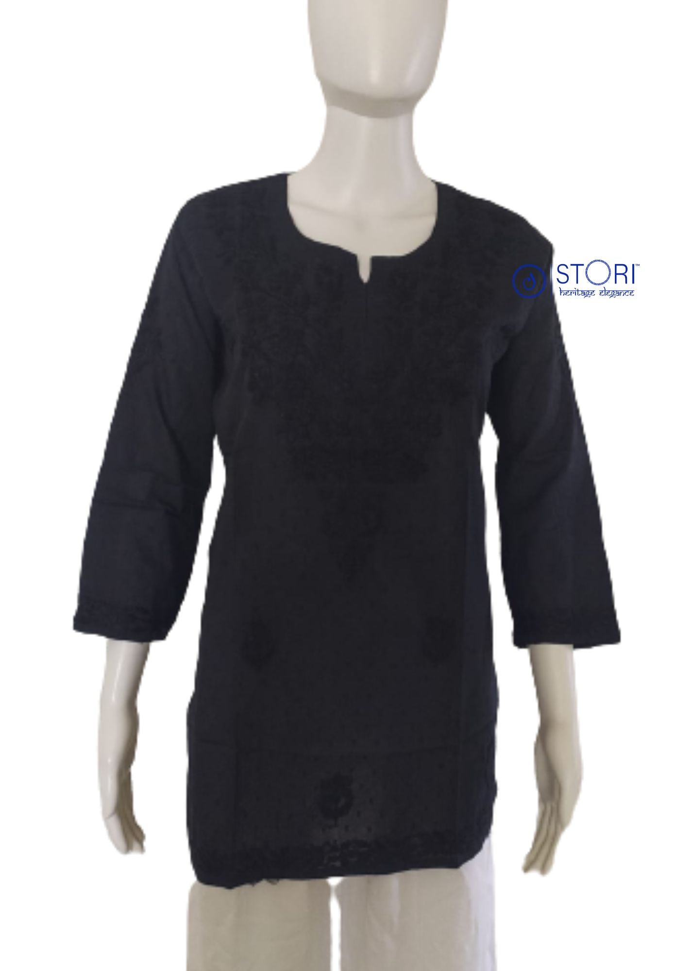 Black Dobby Cotton Short Chikankari Kurti