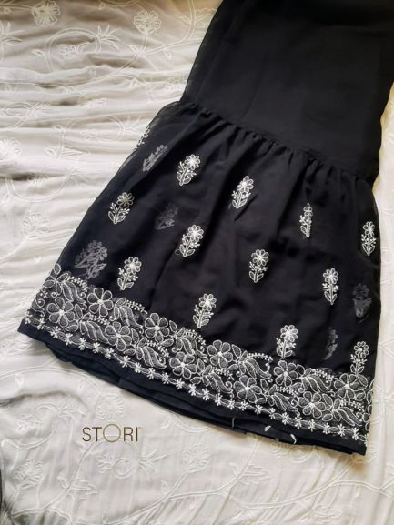 Black Hand Embroidered Georgette Lucknowi Chikankari Garara