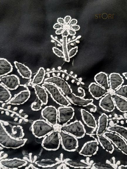 Black Hand Embroidered Georgette Lucknowi Chikankari Garara