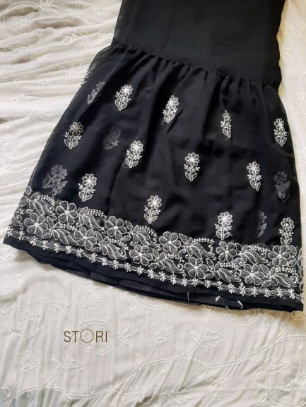 Black Hand Embroidered Georgette Lucknowi Chikankari Garara