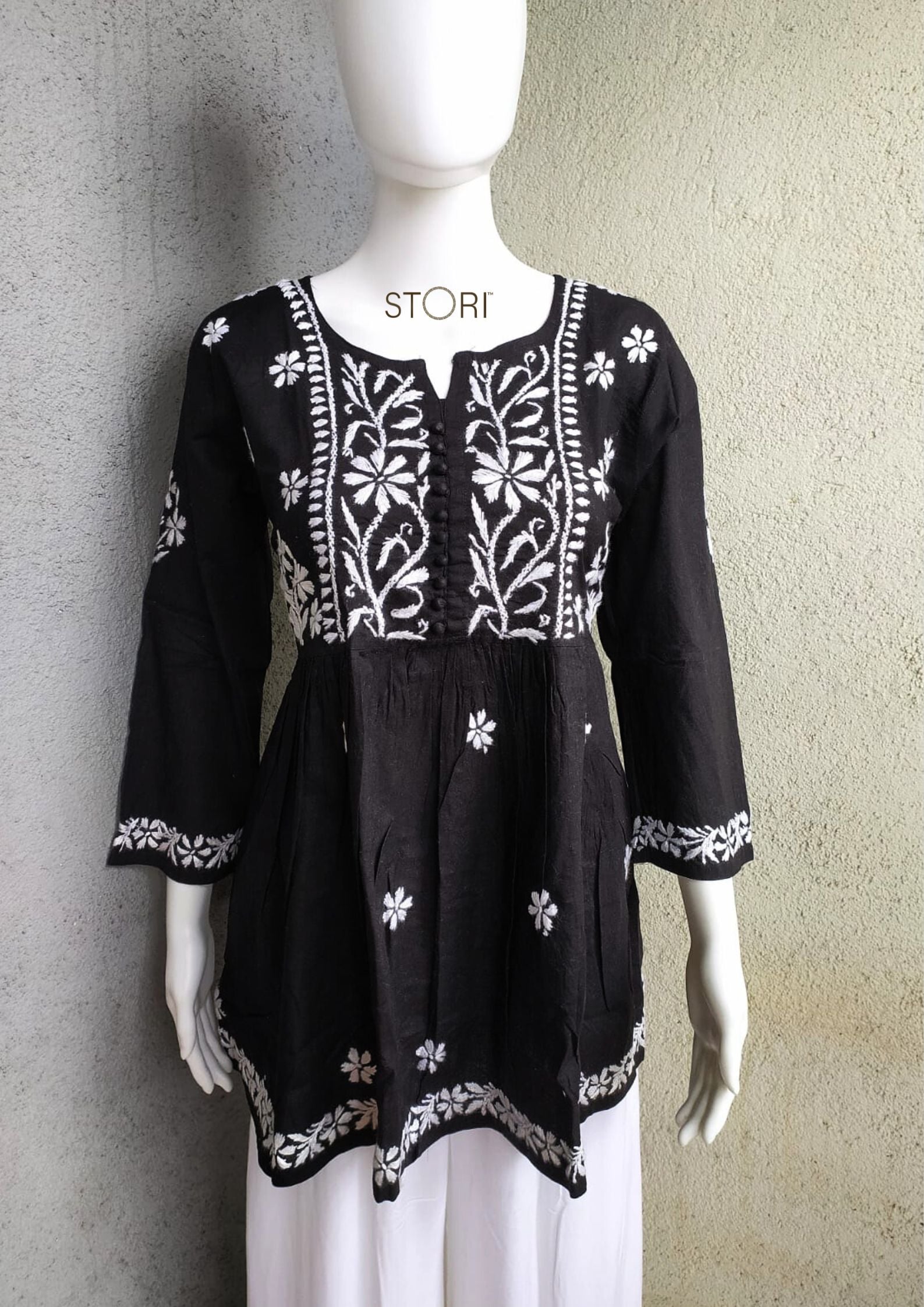 Black Flared Cotton Short Chikankari Kurti