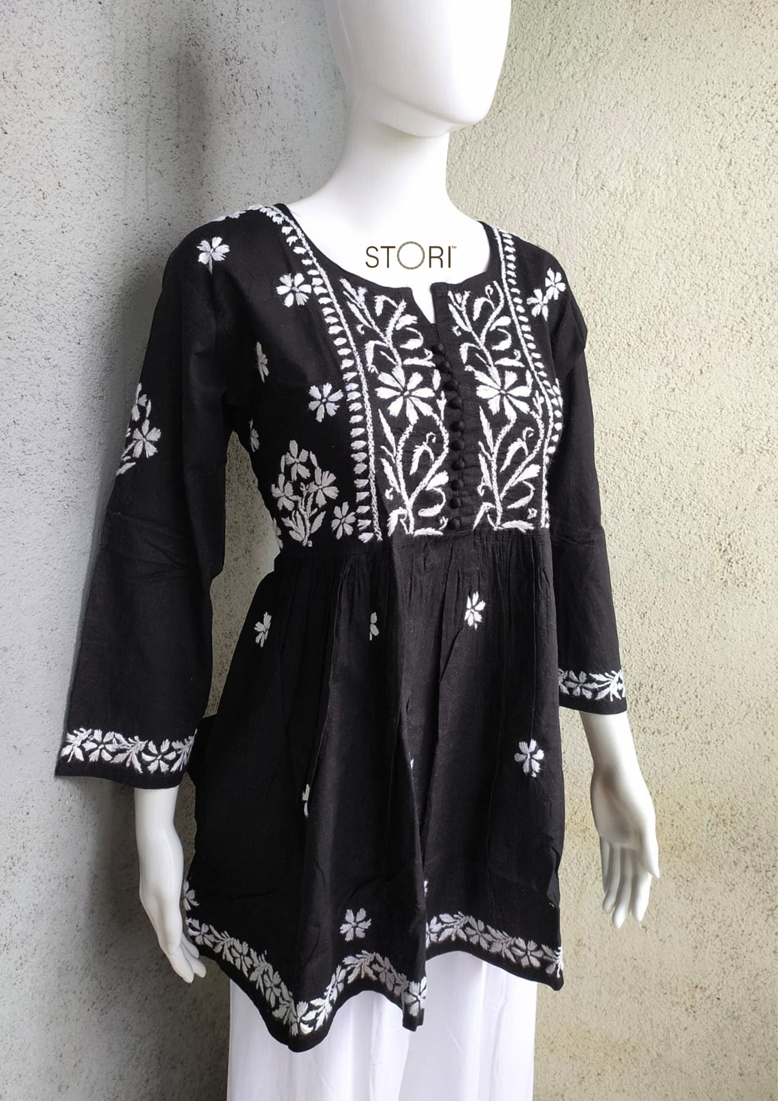 Black Flared Cotton Short Chikankari Kurti