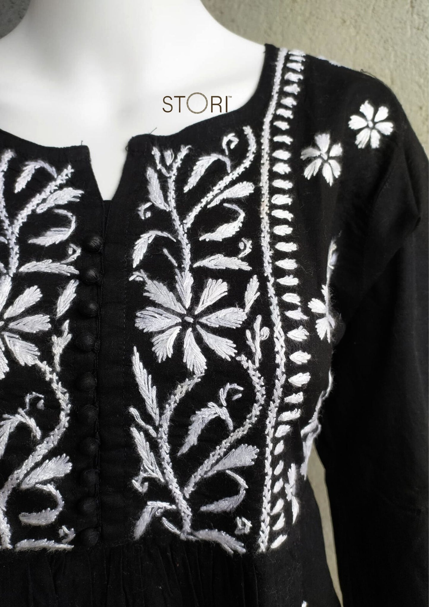 Black Flared Cotton Short Chikankari Kurti