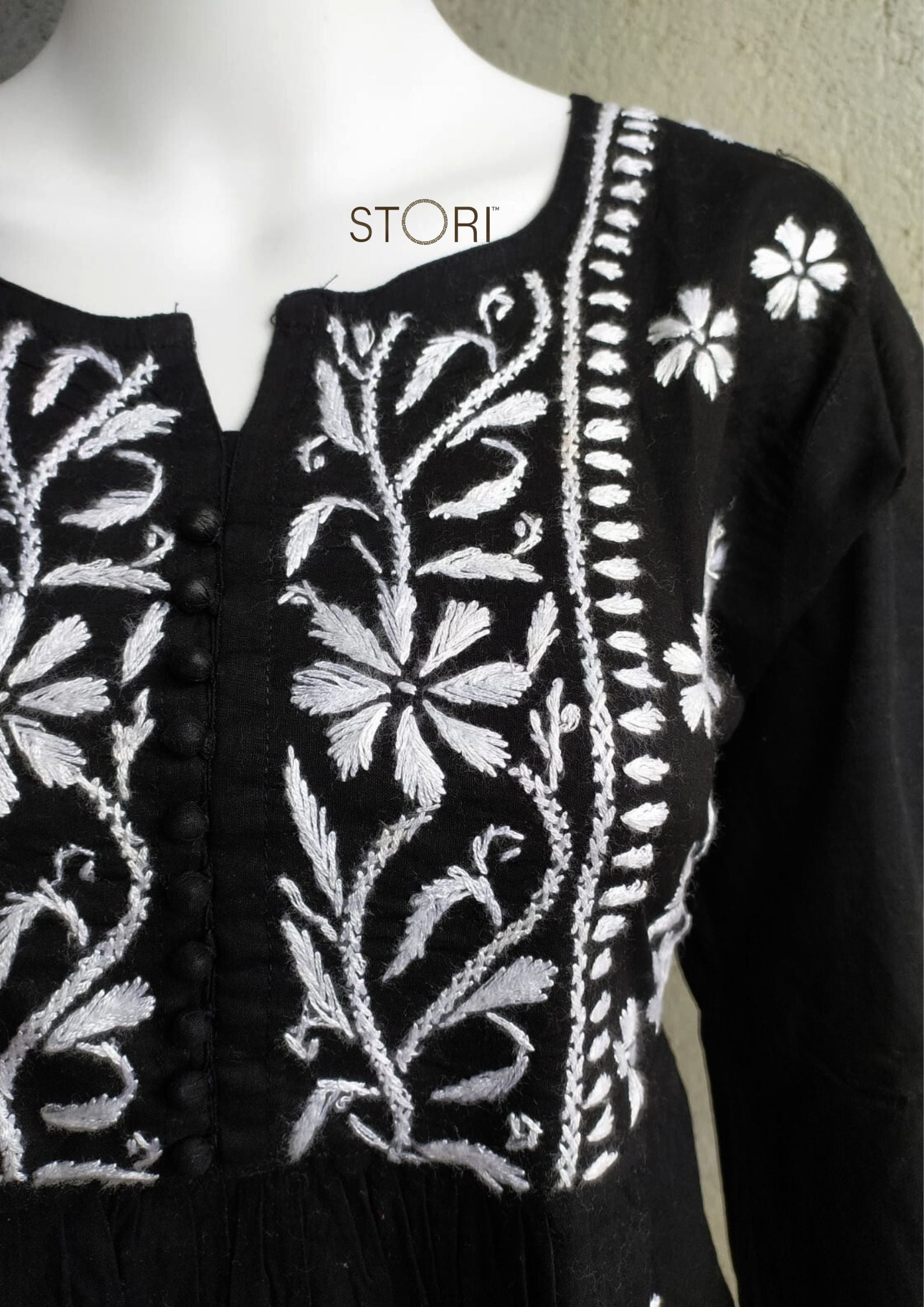 Black Flared Cotton Short Chikankari Kurti