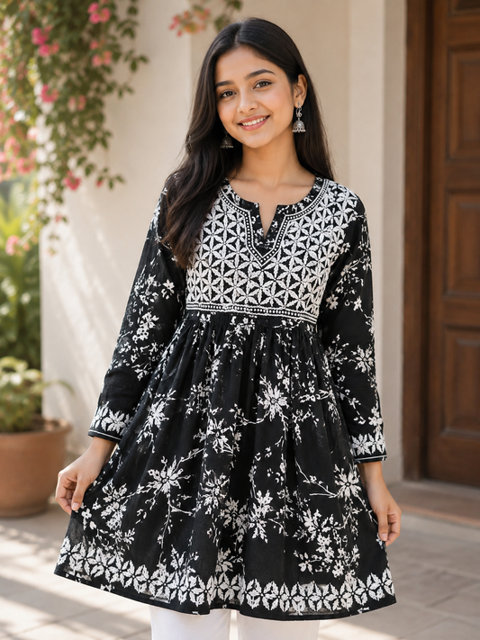 Bloom Printed Black Cotton Mulmul Chikankari Short Kurti with Dori