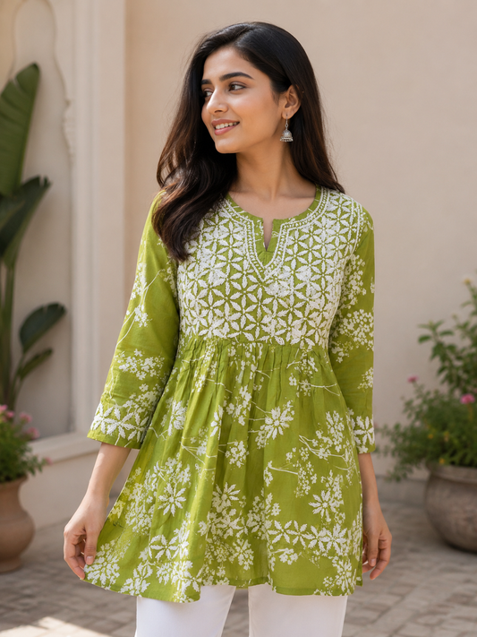 Bloom Printed Olive Green Cotton Mulmul Chikankari Short Kurti