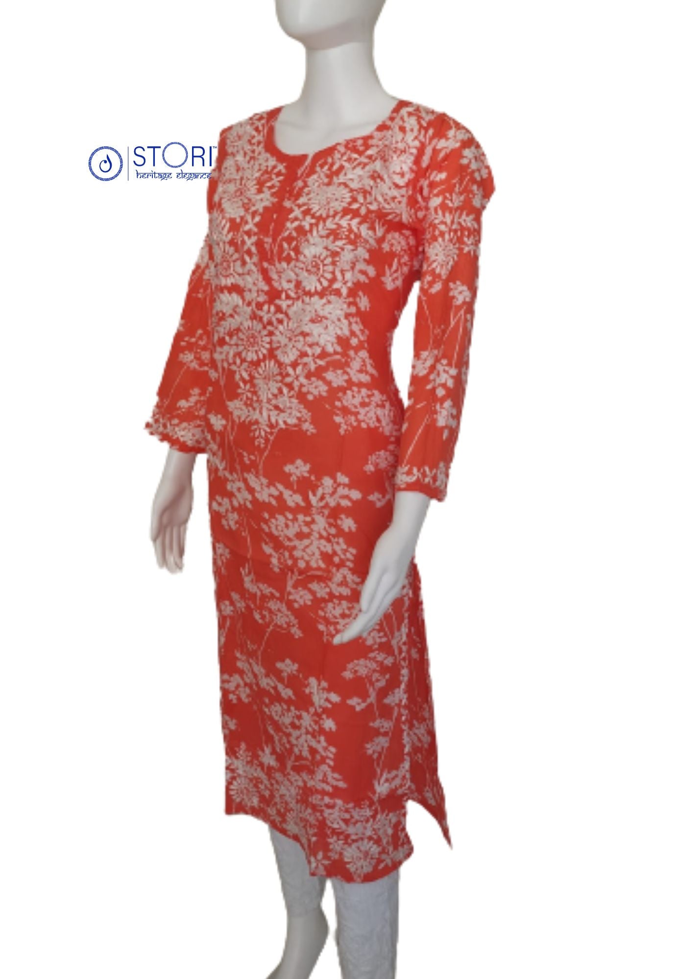 Bloom Bright Orange Printed Mulmul Cotton Chikankari Kurti