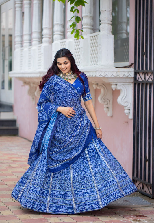 Indigo Blue Bandhani Printed Silk Lehenga Choli Set