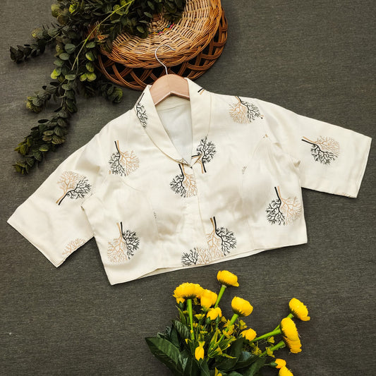 Printed Trees Slub Cotton Crop Top / Collar Blouse